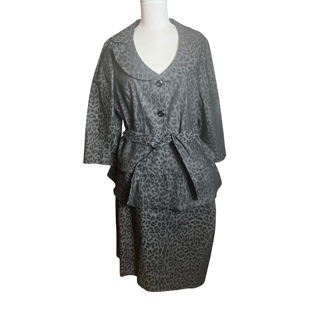 Sandro Woman Leopard 2 Piece Skirt Suit Peplum Jacket Grey Black 16W / 1X